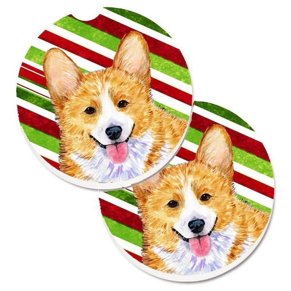 Carolines Treasures Corgi Candy Cane Holiday Christmas Set of 2 Cup Holder Car Coaster SS4555CARC - main